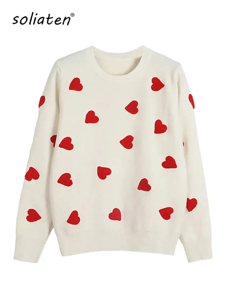 Women Heart Embroidery Knitted O Neck Pullovers Sweater