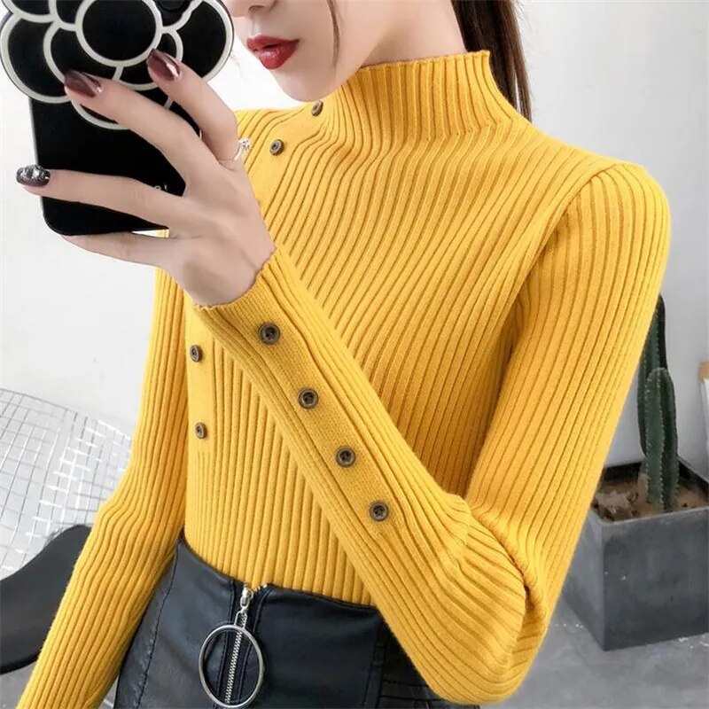 Knitted Slim Sweaters Cotton Soft Pullovers Button Full Sleeve Turtleneck