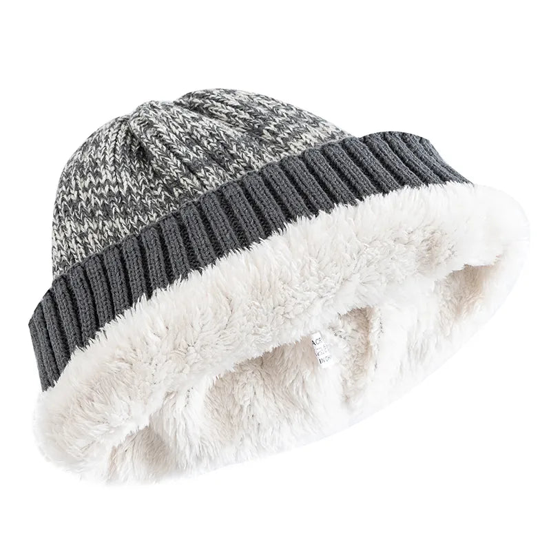 New Unisex Two-Tone Winter Hats Add Fur Lined Fashion Warm Beanie Cap Casual Winter Knitted Hats