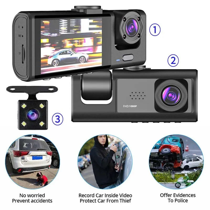 Car Dash Cam W/ IR Night Vision Loop Recording & 2" IPS Screen 3 Camera