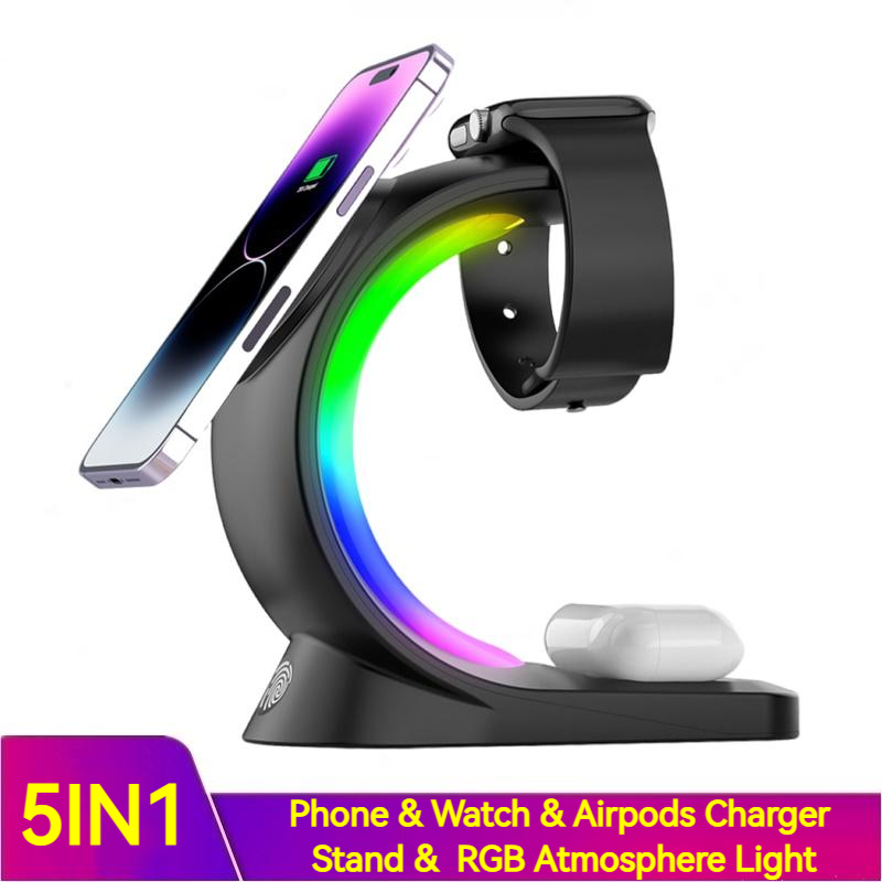 Magnetic Wireless Charger Fast Charging For Smart Phone Atmosphere Light Charging Station For Airpods Pro I-phone Watch