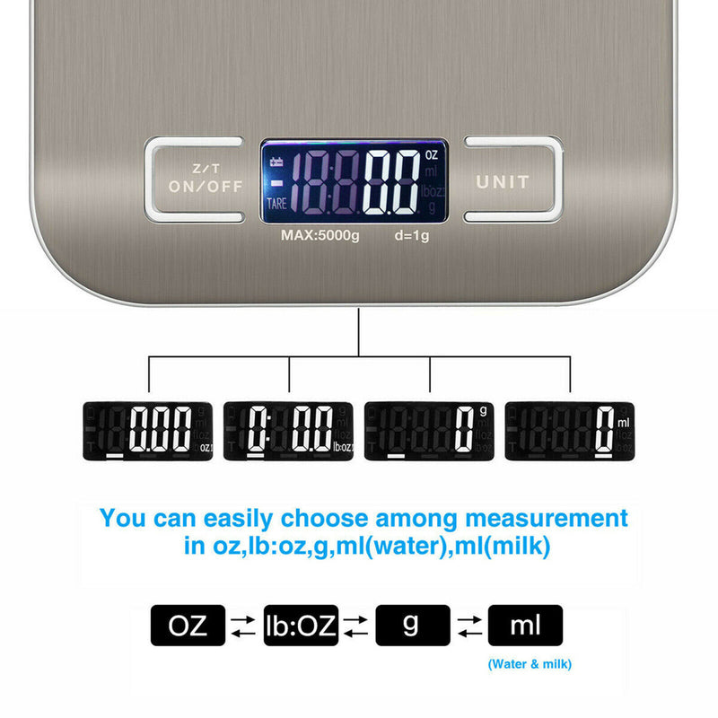 Kitchen Scale Weight Balance 5KG 1g 11lb Stainless Steel Measuring LCD Precision